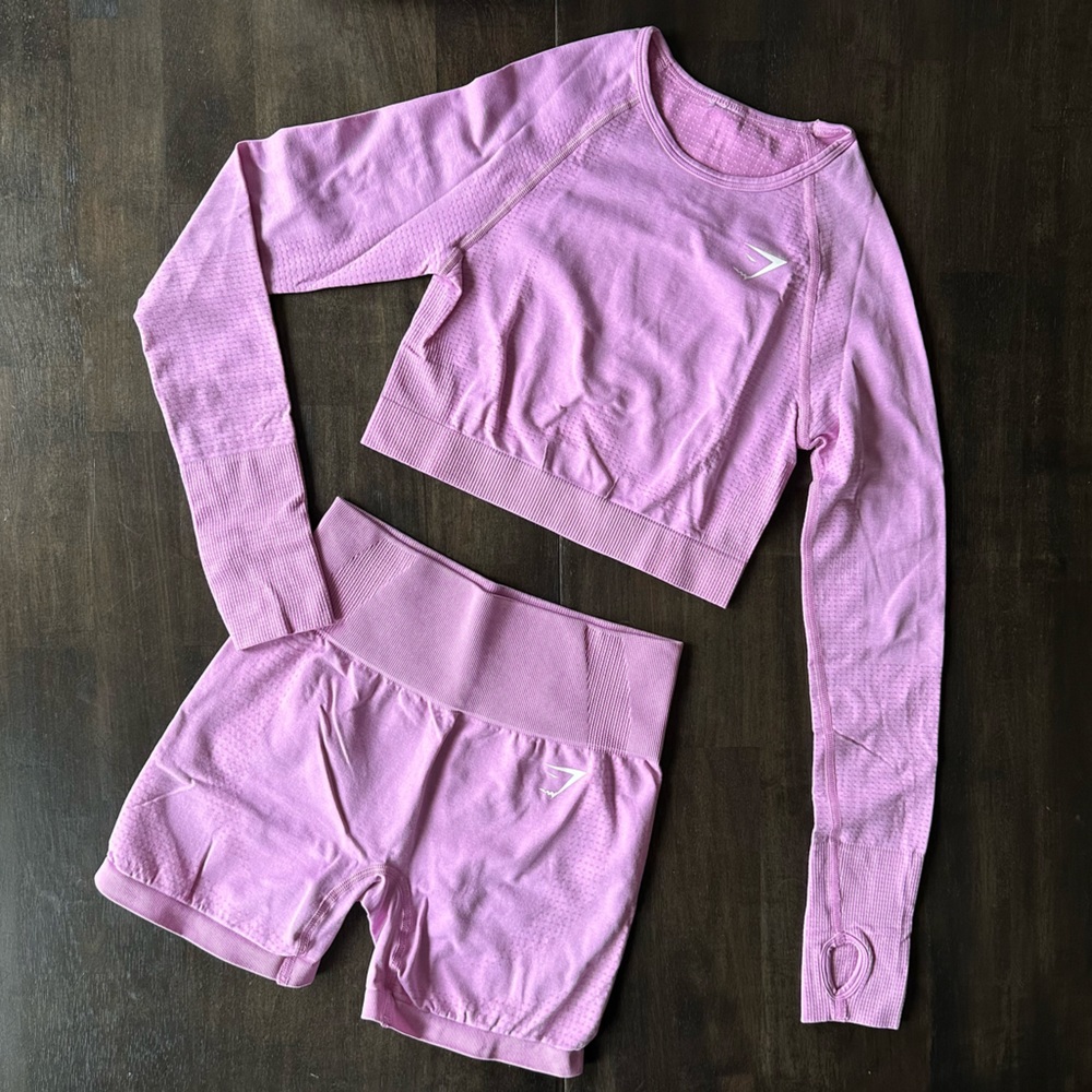 Gymshark Pink Seamless Athletic Shorts & Crop Long Sleeve Set
